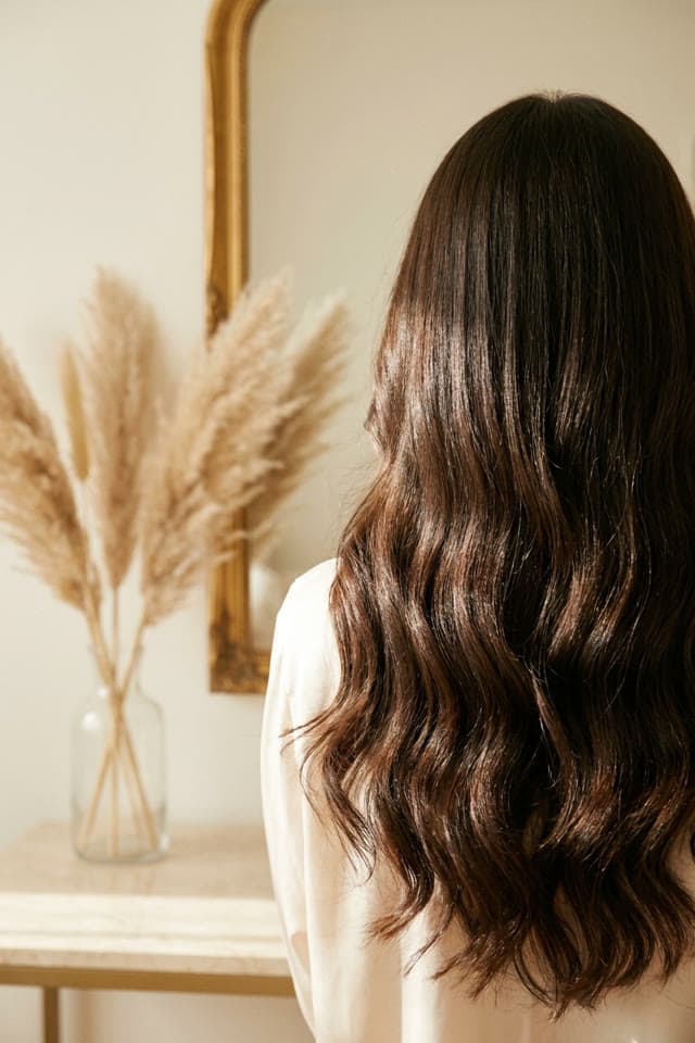 Symbolbild: langes, glänzendes gewelltes Haar im warmen Salonlicht