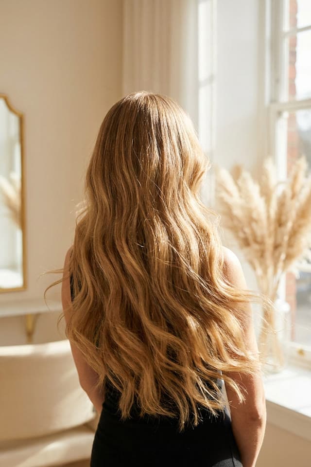 Symbolbild: langes, voluminöses blondes Haar von hinten