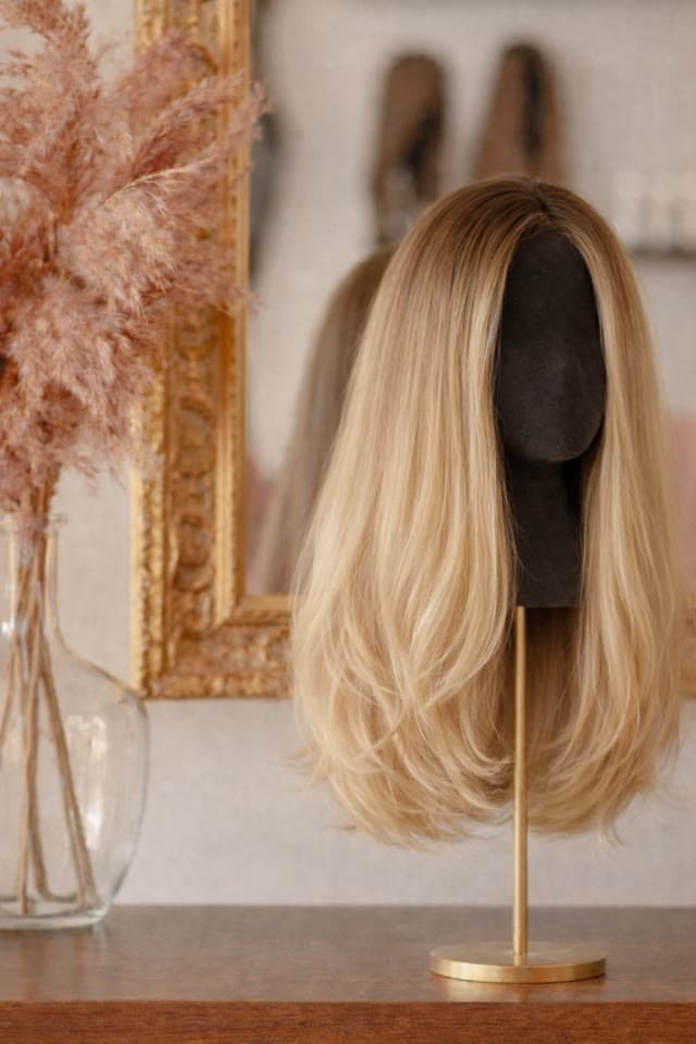 Blonde Perücke in Schulterlänge, komplett auf dem Perückenständer im Studio