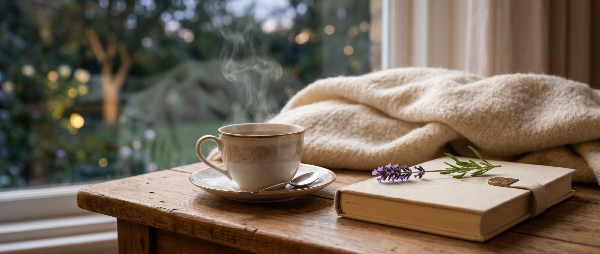 Symbolbild: dampfende Teetasse, Lavendelzweig und Tagebuch am Abendfenster