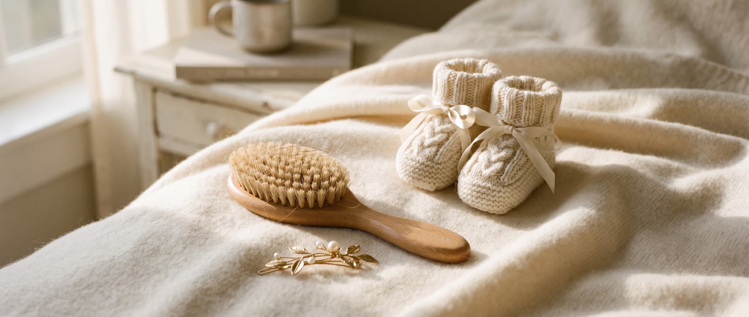 Symbolbild: gestrickte Babyschühchen neben Haarbürste und goldener Haarspange auf weicher Decke