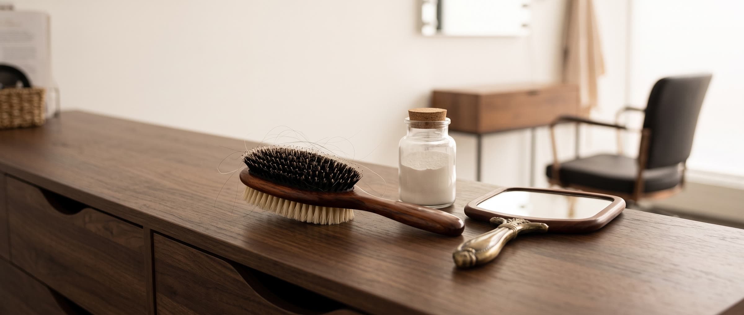 Symbolbild: elegante Haarbürste und Handspiegel auf einer warmen Holzkommode