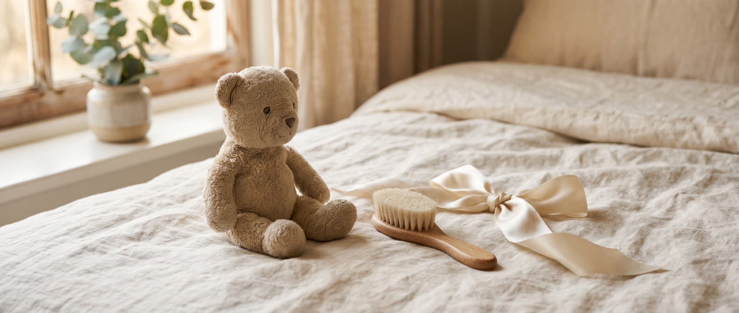 Symbolbild: Teddybär, weiche Kinderbürste und Satinschleife auf heller Leinendecke