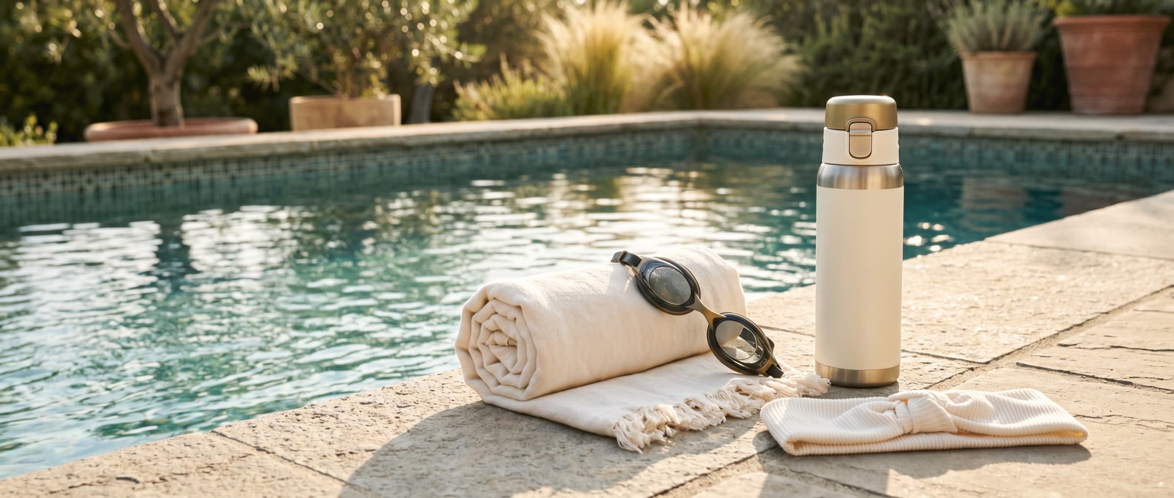 Symbolbild: Schwimmbrille, gerolltes Handtuch und Trinkflasche am sonnigen Beckenrand